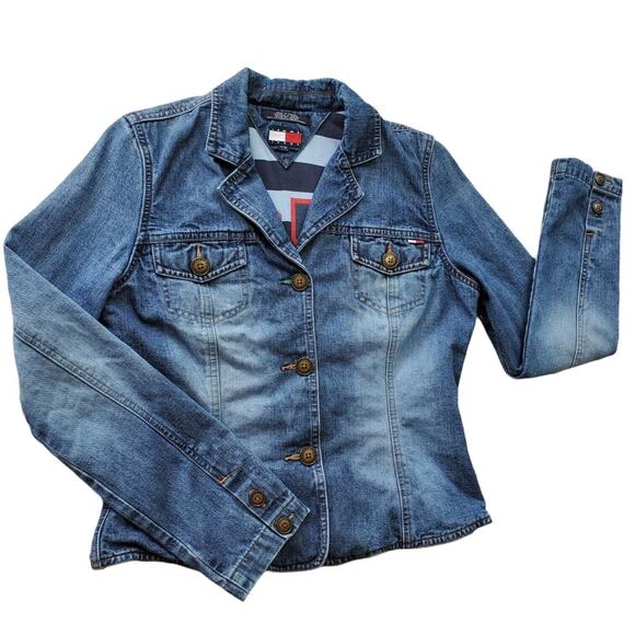 Tommy Hilfiger Y2K Vintage Womens Denim Blue Jean Jacket Large Pockets Flag Logo - Picture 1 of 12
